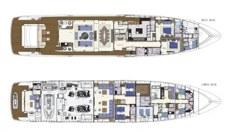  Yacht Photos Pics Floor plan of 2023 Heysea Asteria 142 yacht, showcasing main and lower decks.