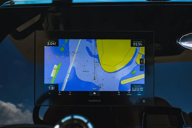  Yacht Photos Pics Garmin navigation display on 2022 Scout 305 LXF boat showing nautical chart.
