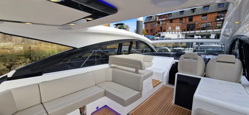 In Stock Yacht Photos Pics 2025 Fairline Targa 45 Open yacht interior with luxurious seating and modern design.