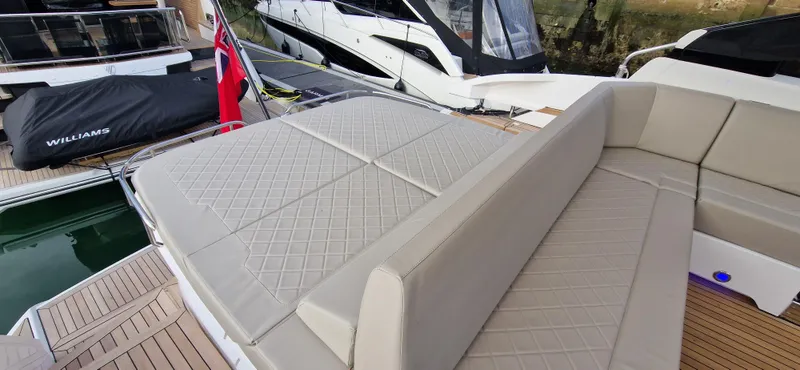 In Stock Yacht Photos Pics 2025 Fairline Targa 45 Open yacht with luxurious seating and sleek design.