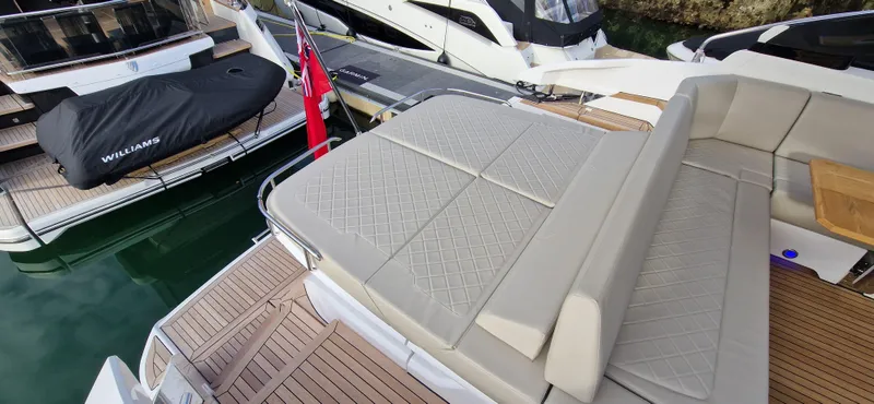 In Stock Yacht Photos Pics 2025 Fairline Targa 45 Open yacht with spacious sunbathing area and elegant design.