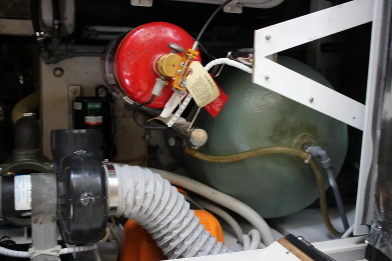  Yacht Photos Pics Engine room of a 2006 Fairline Phantom yacht with mechanical components.