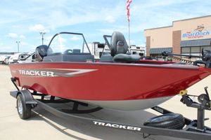 2025 Tracker Pro Guide V-175 Combo boat in red on trailer at dealership.