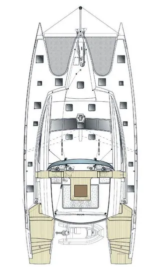 Feel So Good Yacht Photos Pics Top view layout of 2021 Privilege 640 catamaran, showcasing deck and cabin design.