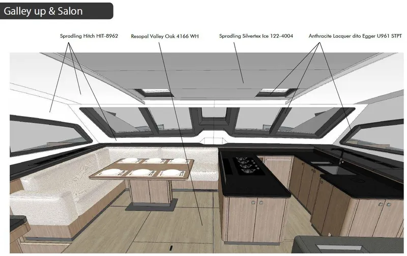 Feel So Good Yacht Photos Pics Interior design of 2021 Privilege 640 yacht, featuring galley and salon with modern finishes.