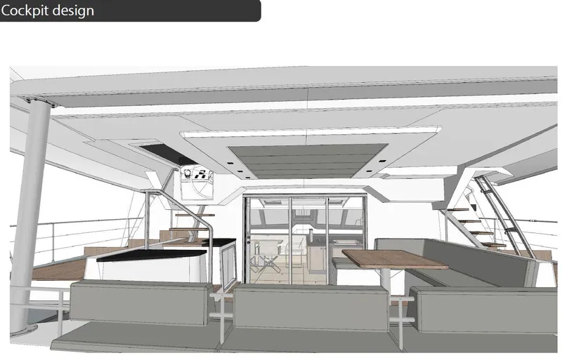 Feel So Good Yacht Photos Pics Cockpit design of 2021 Privilege 640 yacht, featuring modern seating and navigation area.