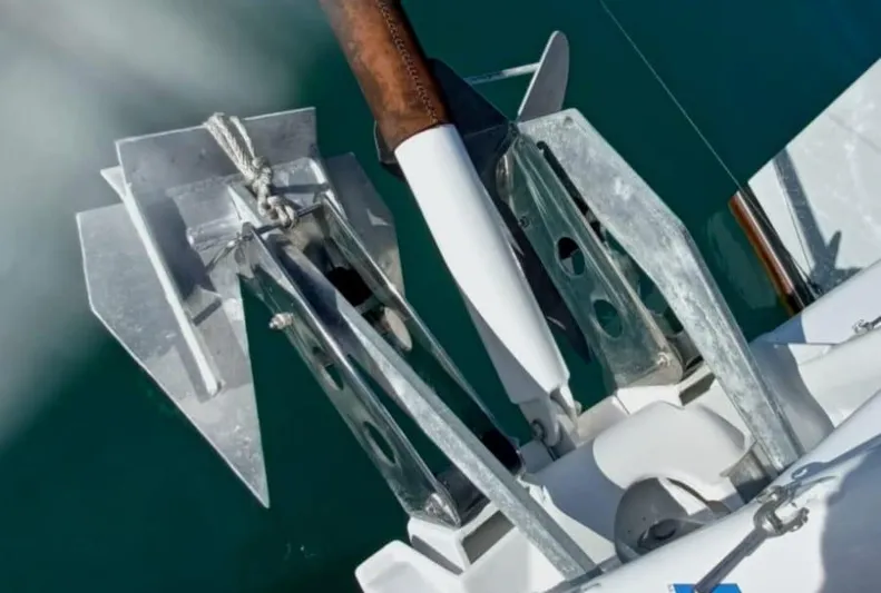 Feel So Good Yacht Photos Pics Anchor system on 2021 Privilege 640 yacht, featuring dual anchors and metal fittings.