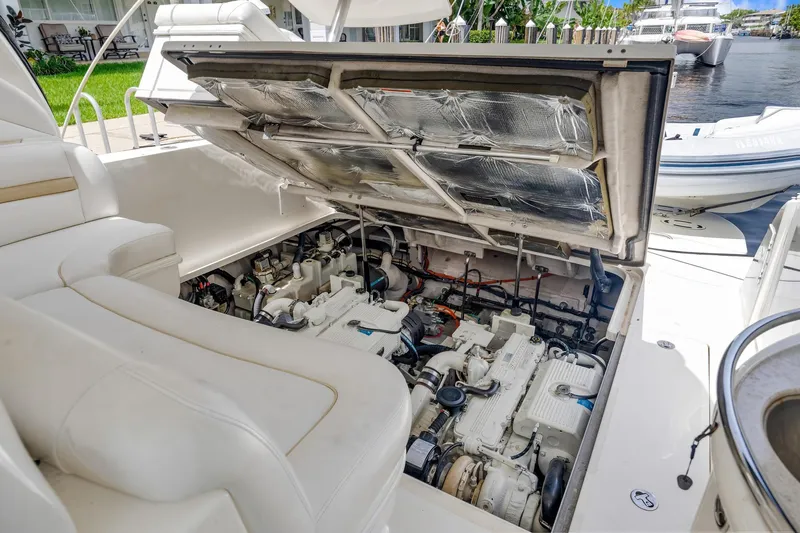  Yacht Photos Pics 2008 Sea Ray 44 Sundancer engine compartment with open hatch, showcasing mechanical components.
