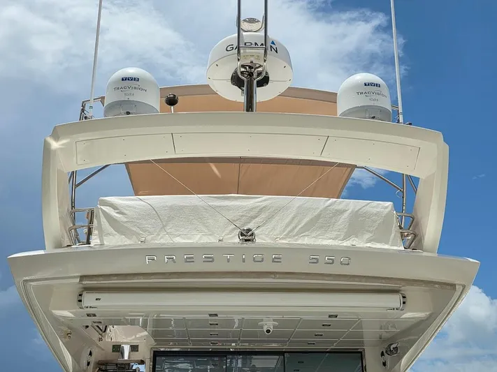 Just Peachy Yacht Photos Pics 2015 Prestige 550 Fly yacht rear view with radar domes and clear sky.