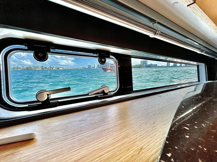 Naomi Yacht Photos Pics View of ocean through Fairline Targa 38 Open yacht window, 2014 model.