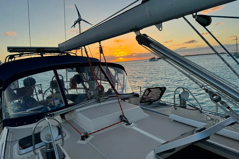 Texas Yacht Photos Pics Sailing yacht Island Packet 420, 2001 model, at sunset on tranquil waters.