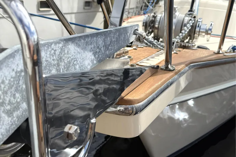 Texas Yacht Photos Pics Close-up of 2001 Island Packet 420 yacht's anchor and deck details.