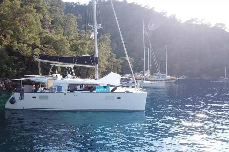  Yacht Photos Pics 2018 Lagoon 450 F catamaran anchored in a serene, forested bay.