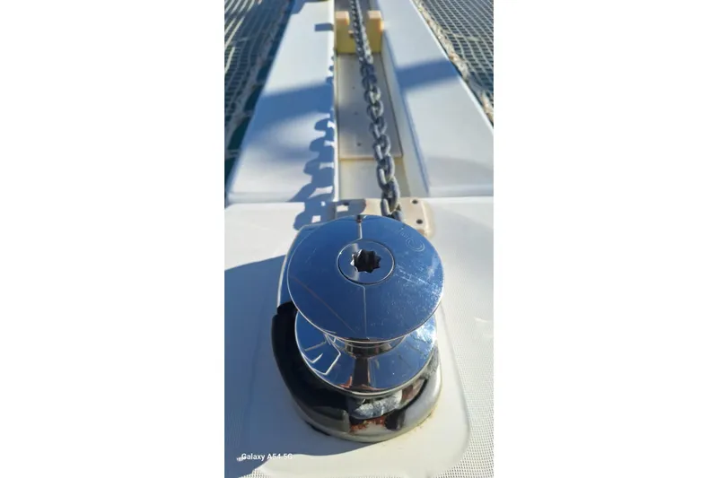  Yacht Photos Pics Close-up of a 2018 Lagoon 450 F yacht's anchor winch and chain on deck.