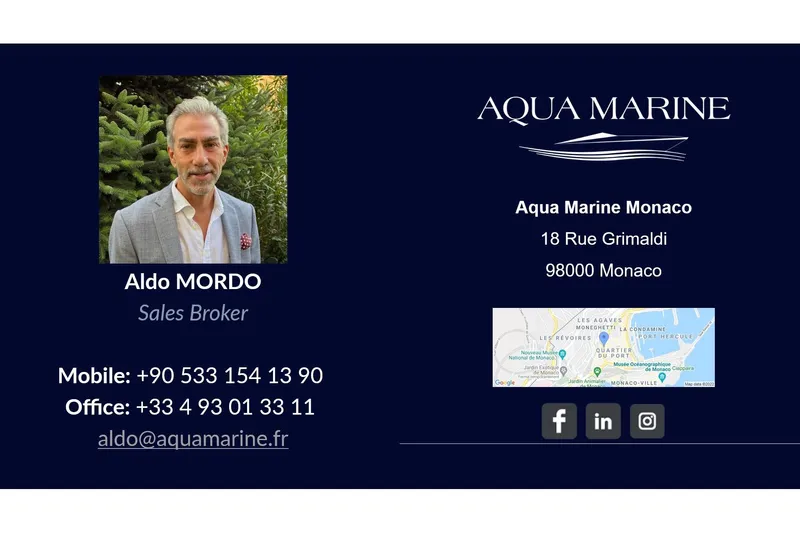  Yacht Photos Pics Business card for Aqua Marine Monaco, featuring sales broker contact details and location map.