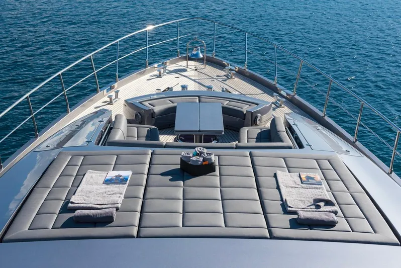 Aldebaran III Yacht Photos Pics Luxurious 2018 Pershing 108 yacht deck with sunbeds and ocean view.