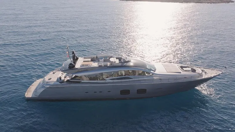 Aldebaran III Yacht Photos Pics Luxurious 2018 Pershing 108 yacht cruising on serene blue waters.