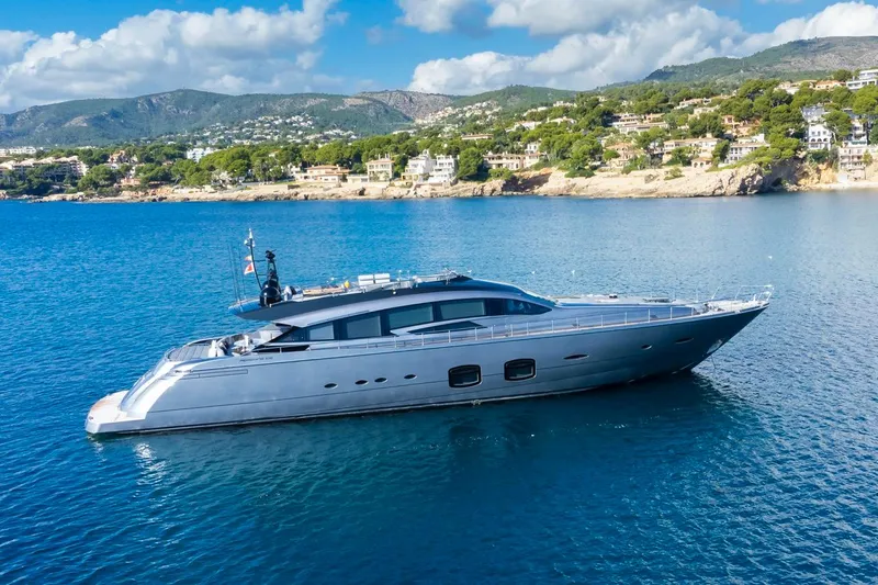 Aldebaran III Yacht Photos Pics Luxury 2018 Pershing 108 yacht cruising in scenic coastal waters.