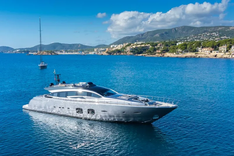 Aldebaran III Yacht Photos Pics Luxurious 2018 Pershing 108 yacht cruising in scenic coastal waters.