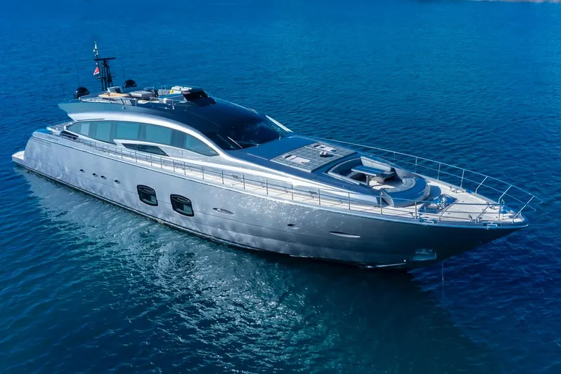 Aldebaran III Yacht Photos Pics Luxurious 2018 Pershing 108 yacht cruising on clear blue waters.