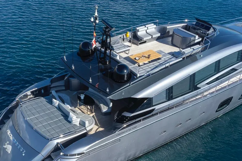 Aldebaran III Yacht Photos Pics Luxurious 2018 Pershing 108 yacht with spacious deck and sleek design on open water.