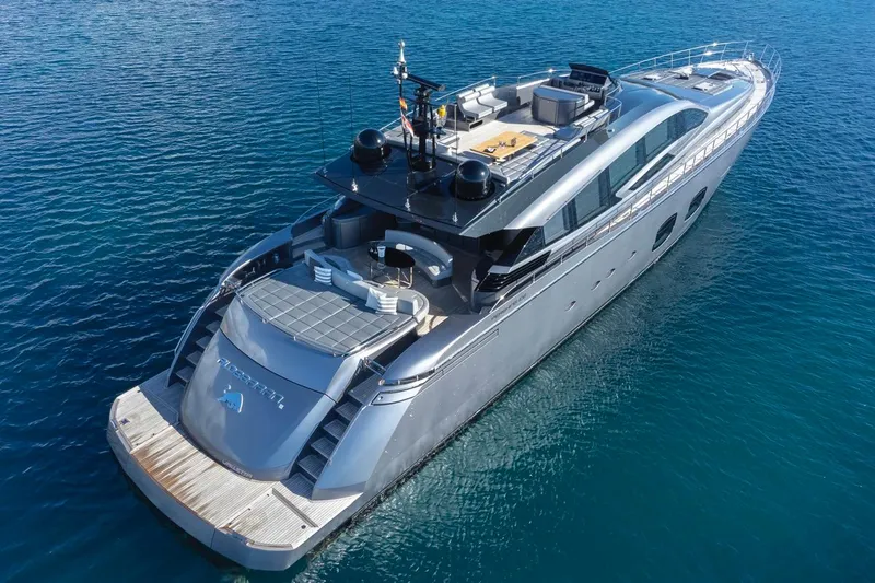 Aldebaran III Yacht Photos Pics Luxury 2018 Pershing 108 yacht on serene blue waters, aerial view.