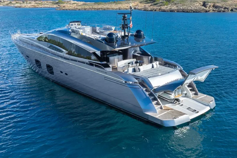 Aldebaran III Yacht Photos Pics Luxurious 2018 Pershing 108 yacht on serene blue waters, showcasing sleek design and elegance.