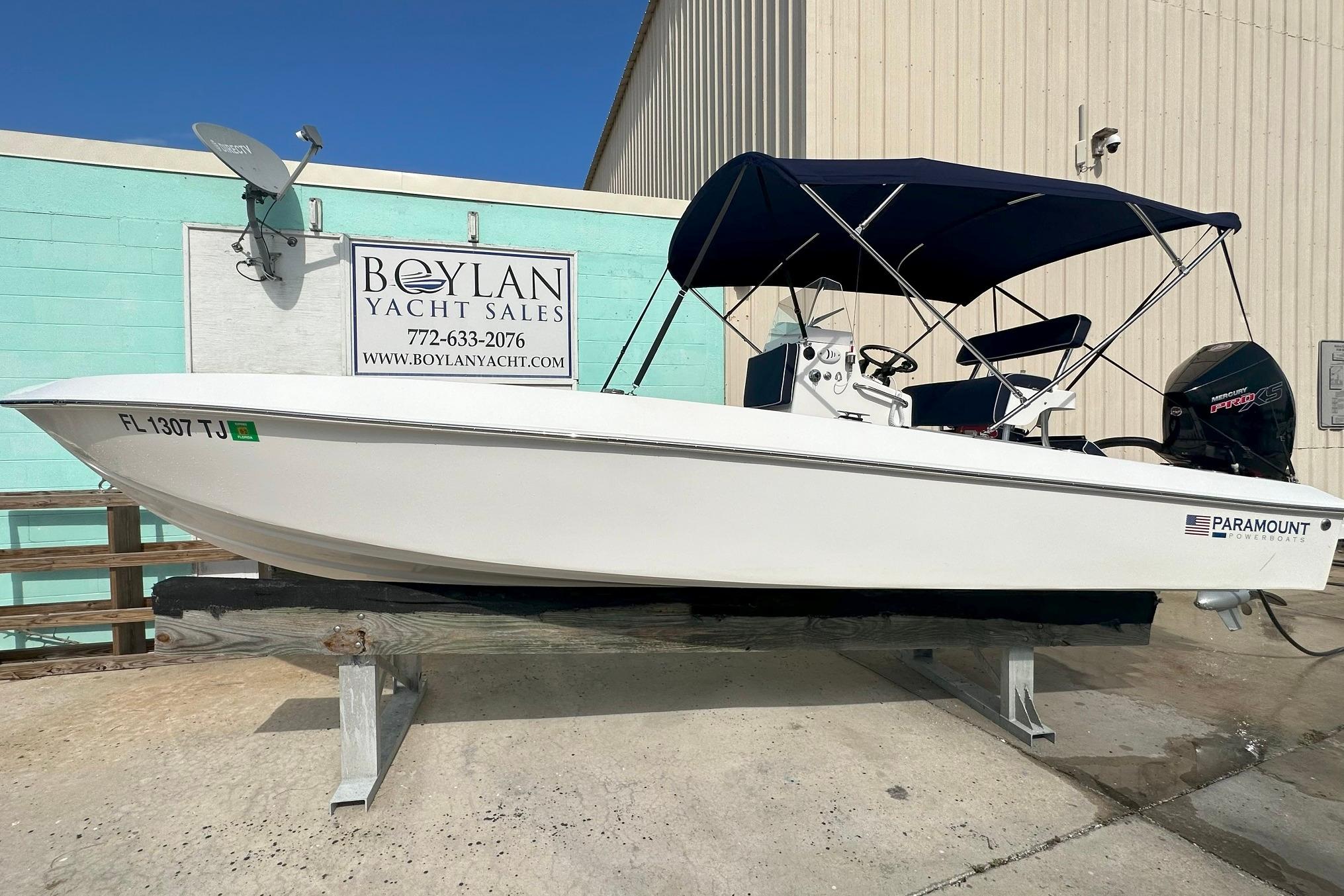 2022 Paramount 21 boat at Boylan Yacht Sales, featuring a sleek design and canopy.