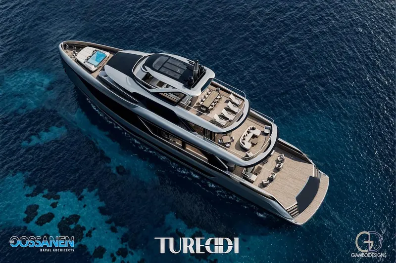 Azzurra Custom Platform 36m Yacht Photos Pics Luxurious Tureddi AZZURRA 36 yacht cruising on clear blue ocean waters, 2027 model.