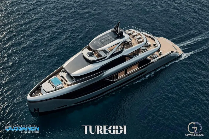 Azzurra Custom Platform 36m Yacht Photos Pics Luxurious 2027 Tureddi AZZURRA 36 yacht cruising on open sea, showcasing sleek design.