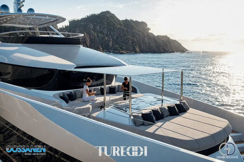 Azzurra Custom Platform 36m Yacht Photos Pics Luxury Tureddi AZZURRA 36 yacht cruising near rocky coastline, 2027 model.