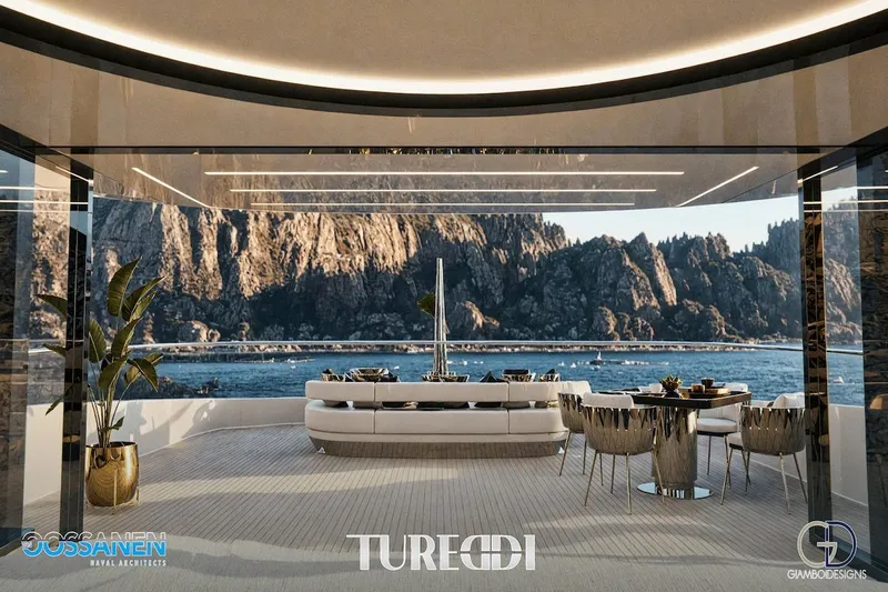 Azzurra Custom Platform 36m Yacht Photos Pics Luxurious Tureddi AZZURRA 36 yacht interior with ocean view, 2027 model.
