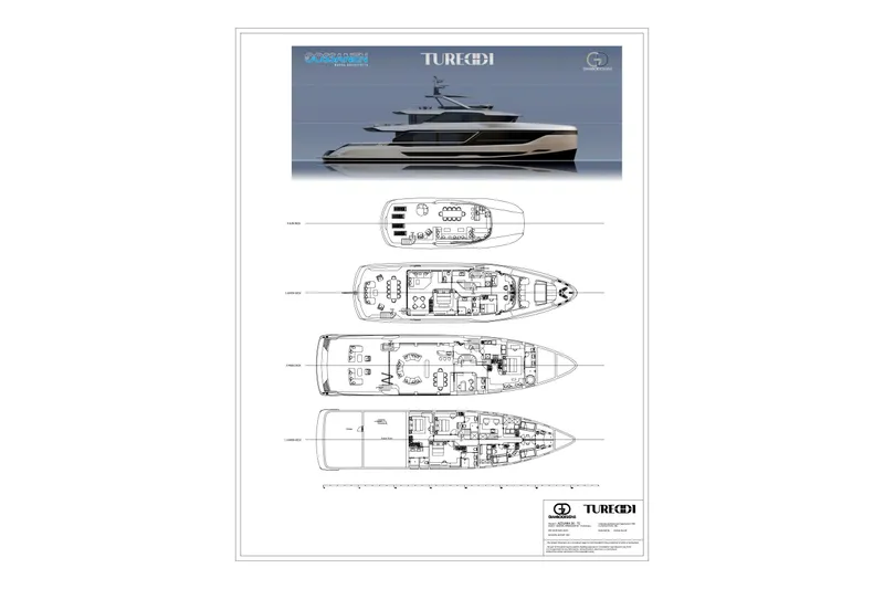 Azzurra Custom Platform 36m Yacht Photos Pics Blueprint of Tureddi AZZURRA 36 yacht, 2027 model, showcasing detailed deck layouts.