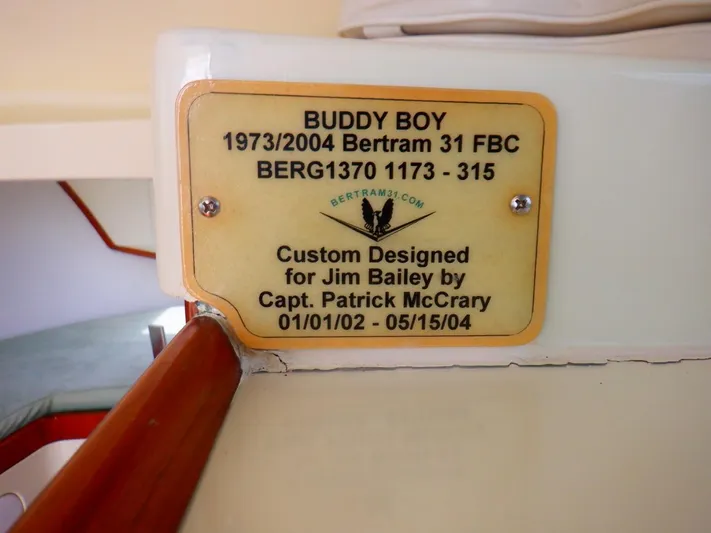 Legacy Yacht Photos Pics Plaque on 1973 Bertram 31 Flybridge Cruiser, custom designed by Capt. Patrick McCrary.