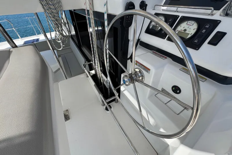 Ce Ya Yacht Photos Pics Steering wheel and controls of a 2021 Leopard 45 catamaran yacht.
