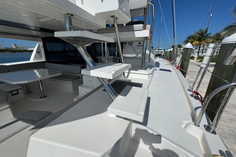 Ce Ya Yacht Photos Pics Leopard 45 catamaran deck, 2021 model, featuring modern seating and sleek design.