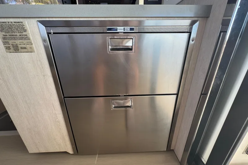 Ce Ya Yacht Photos Pics Stainless steel drawers in a 2021 Leopard 45 yacht interior.