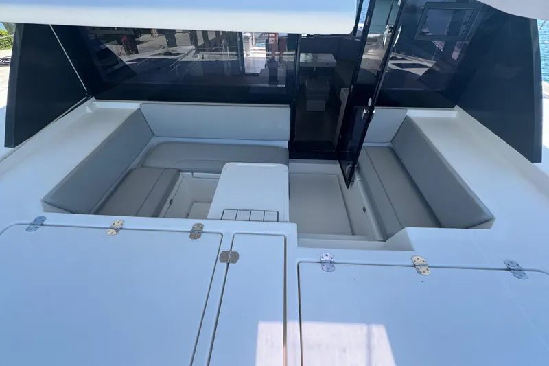 Ce Ya Yacht Photos Pics Luxurious seating area on a 2021 Leopard 45 yacht, featuring sleek design and ample space.
