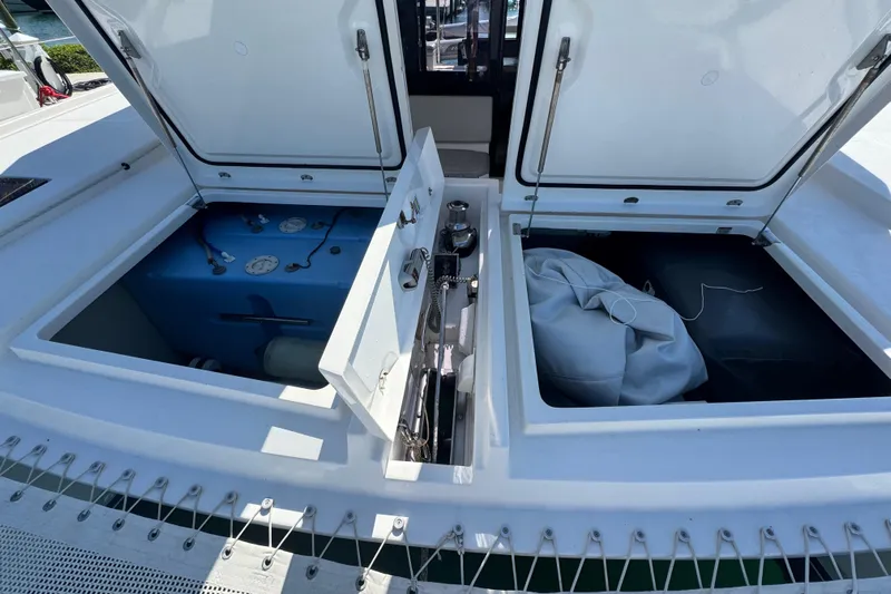 Ce Ya Yacht Photos Pics Open storage compartments on a 2021 Leopard 45 catamaran deck.