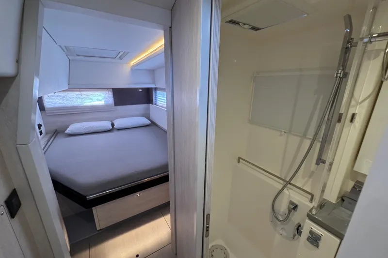 Ce Ya Yacht Photos Pics Interior of 2021 Leopard 45 yacht showing bedroom and bathroom with modern design.