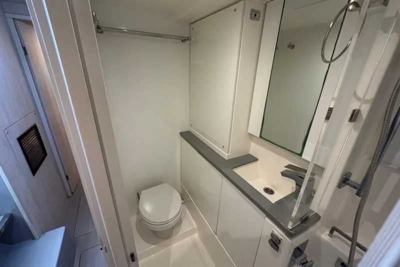 Ce Ya Yacht Photos Pics Modern bathroom in 2021 Leopard 45 yacht, featuring sleek design and compact amenities.