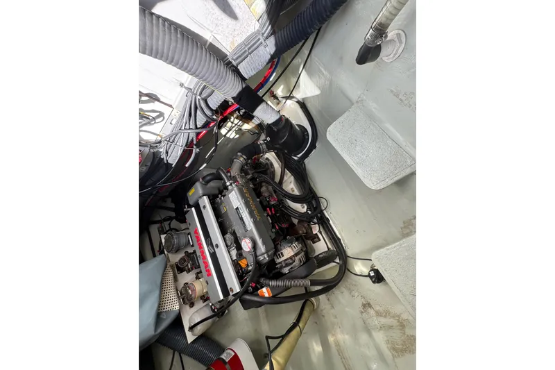 Ce Ya Yacht Photos Pics Engine compartment of a 2021 Leopard 45 yacht, featuring a Yanmar engine.