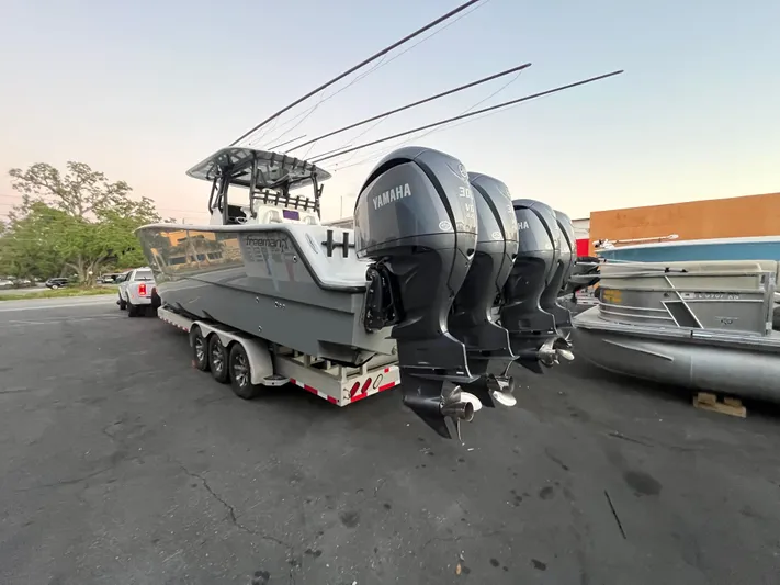  Yacht Photos Pics 2017 Freeman 37 VH boat with Yamaha outboard engines on a trailer.