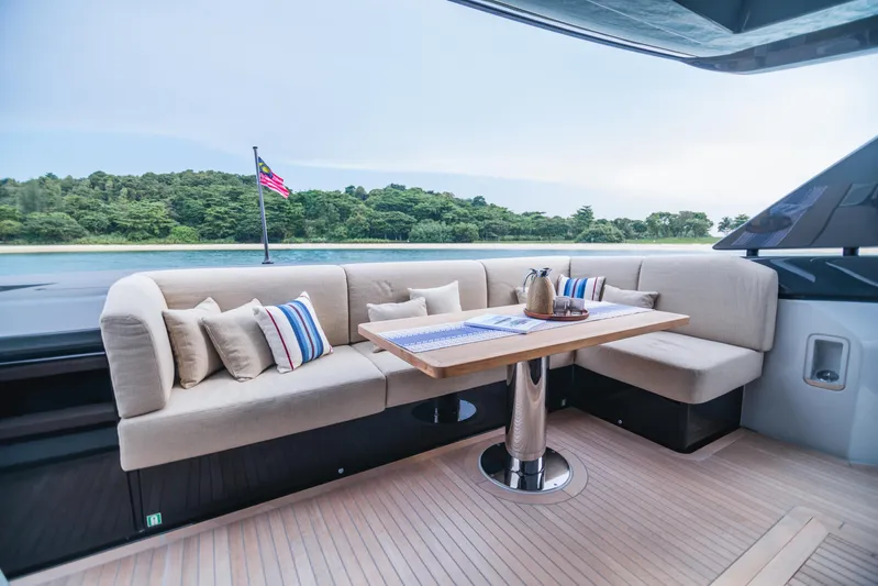  Yacht Photos Pics Luxurious 2023 Bluegame BGX60 yacht deck with elegant seating and scenic water view.