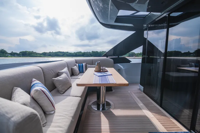  Yacht Photos Pics Luxurious 2023 Bluegame BGX60 yacht deck with elegant seating and scenic water view.