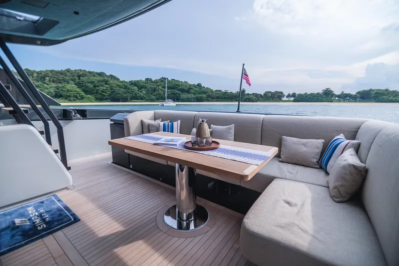  Yacht Photos Pics Luxurious 2023 Bluegame BGX60 yacht deck with elegant seating and scenic ocean view.