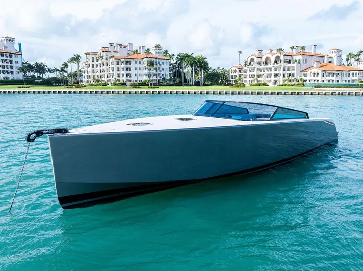 Daddy Yacht Photos Pics Luxurious 2015 VanDutch 55 yacht on turquoise water, with elegant waterfront buildings in the background.