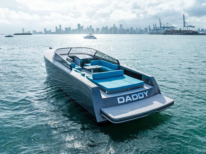 Daddy Yacht Photos Pics VanDutch 55 yacht on water, city skyline in background, 2015 model.