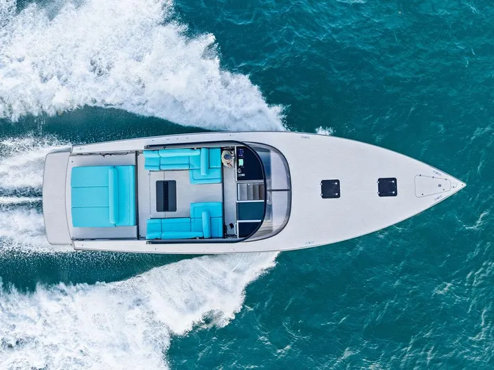 Daddy Yacht Photos Pics VanDutch 55 yacht cruising on blue ocean waters, aerial view, 2015 model.