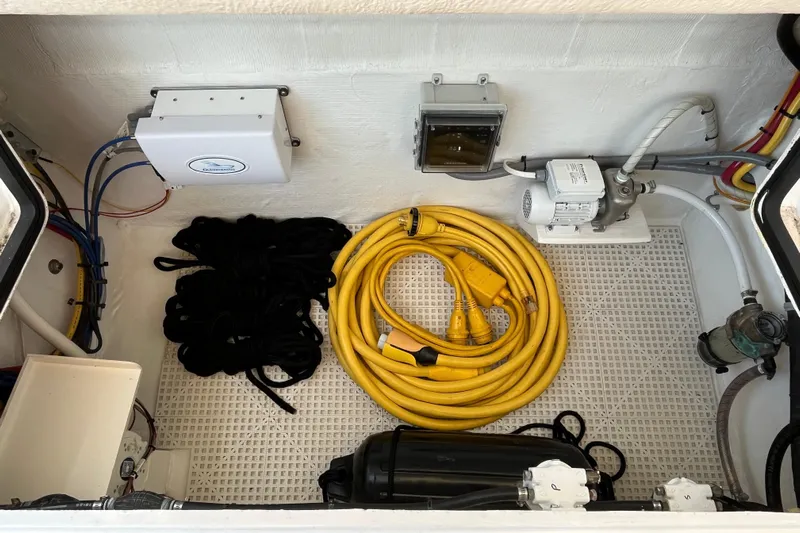 Lenore Yacht Photos Pics 2023 Great Harbour TT35 boat compartment with cables and equipment.